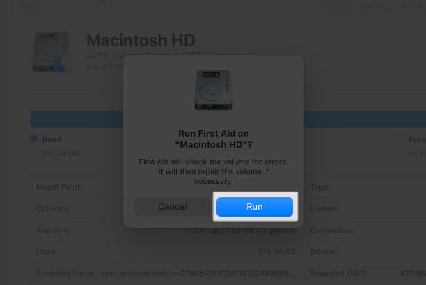Klicka på Kör första hjälpen på Mac