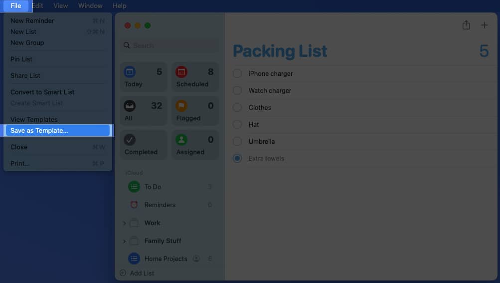 Click Save as Template in Reminders app on Mac