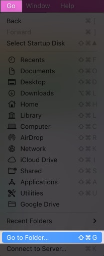 Klik pada Pergi dan Pergi ke Folder dalam Finder