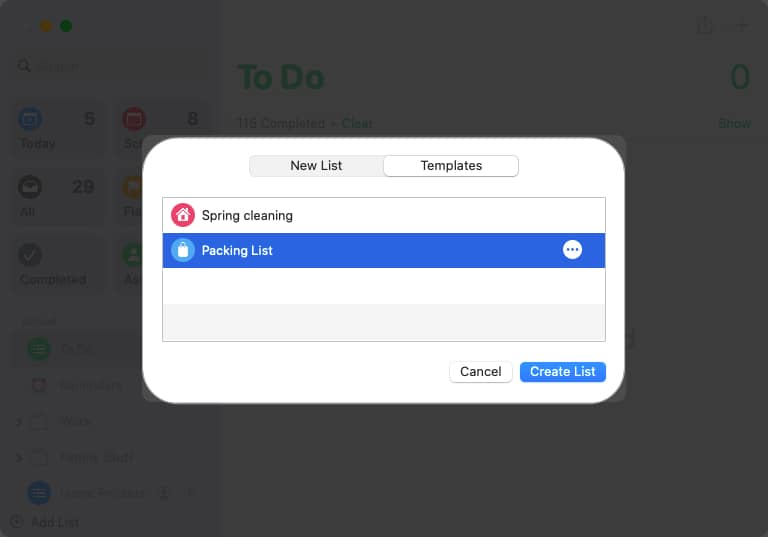 Create Tempates in Reminders app on Mac