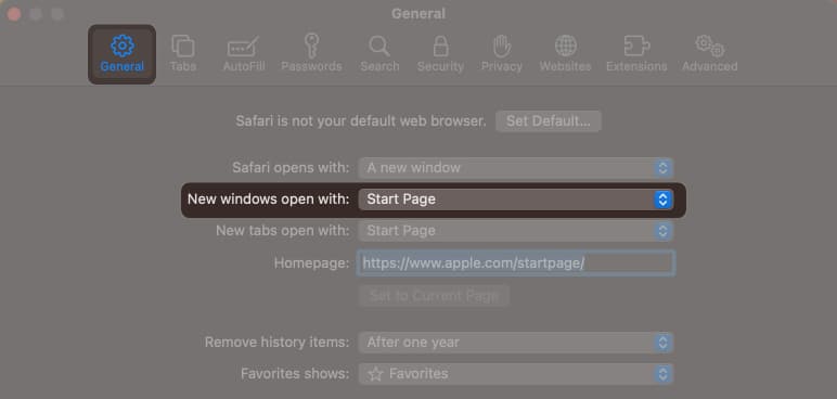 Halaman Mula Tersuai dalam Safari pada Mac