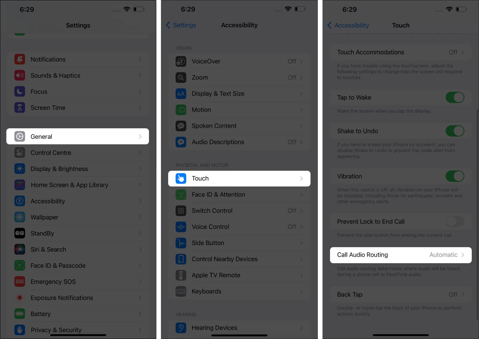 Go to General, select Touch and ensure Automatic is select beside Call Audio Routing