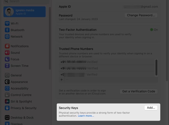Hit Add present against the Security Keys option on Mac