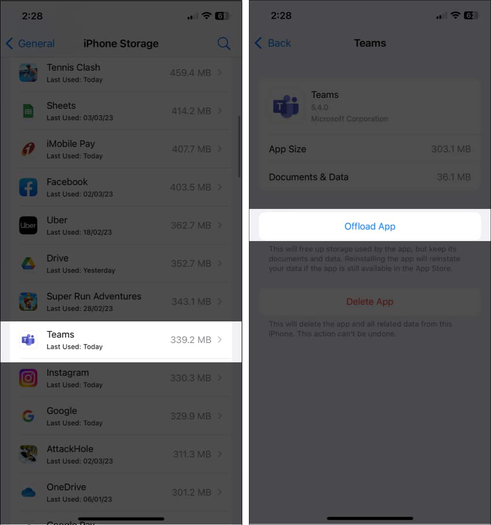 Offload Teams app on iPhone