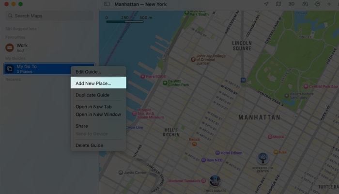 Mac Apple Maps rendszeren kattintson a jobb gombbal az útmutatóra, és válassza az Új hely hozzáadása lehetőséget