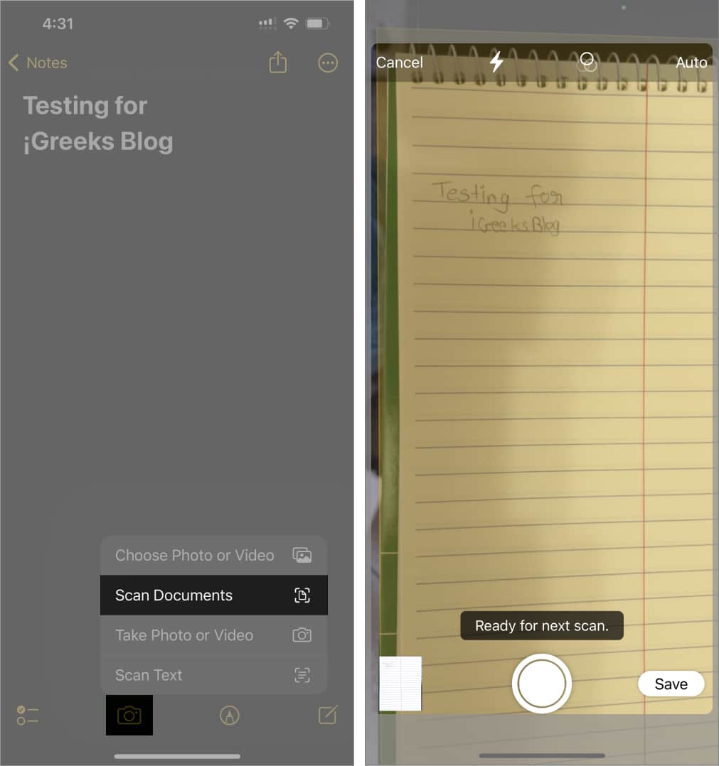 Scan and convert a handwritten document in Notes app