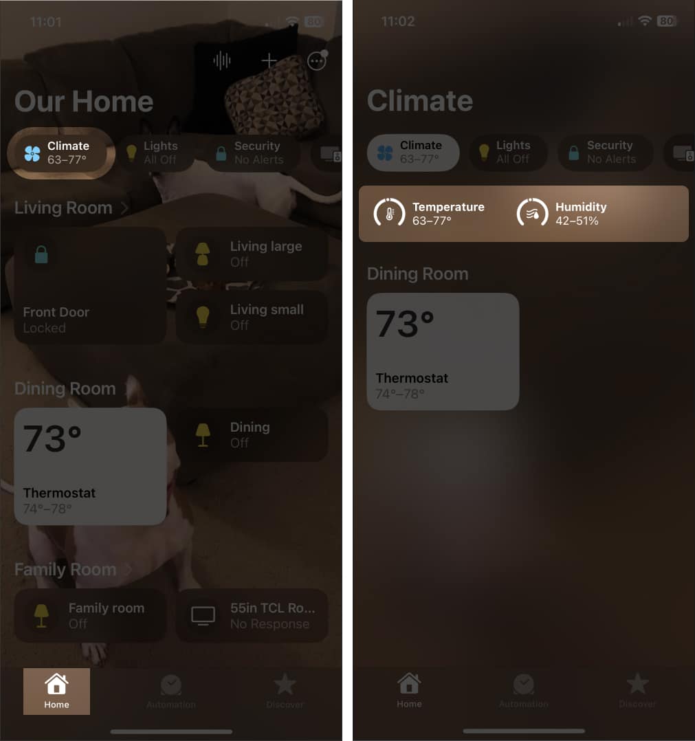 Pilih sama ada Suhu atau Kelembapan daripada apl iOS Rumah