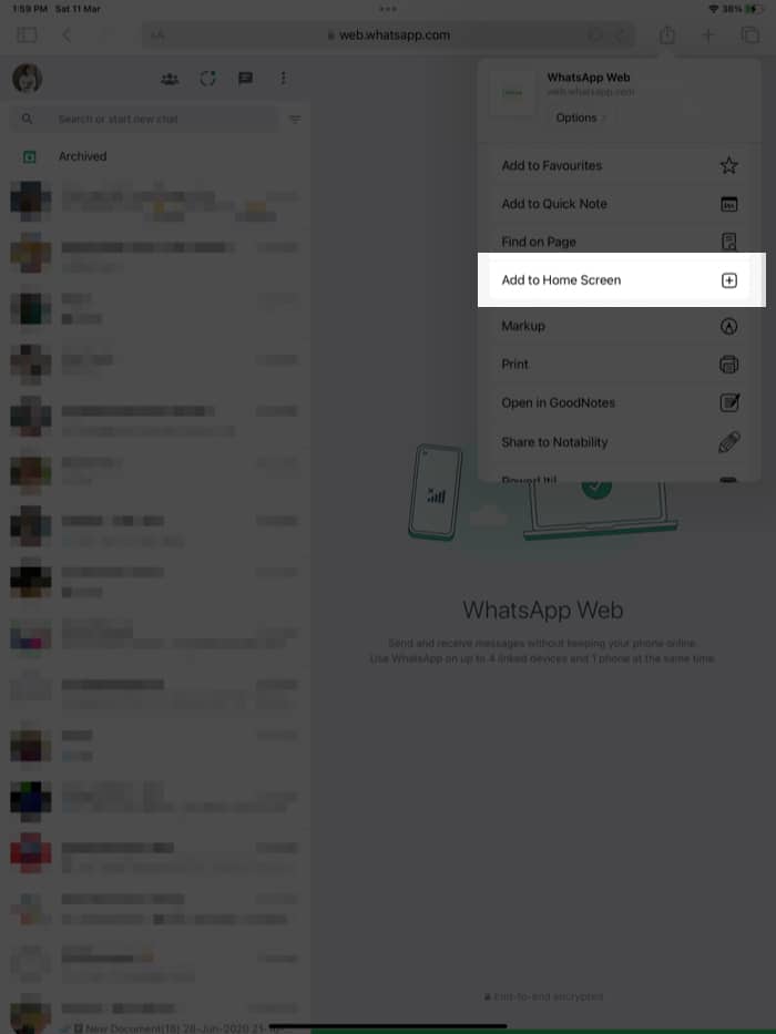 Select the Add to Home Screen option on iPad