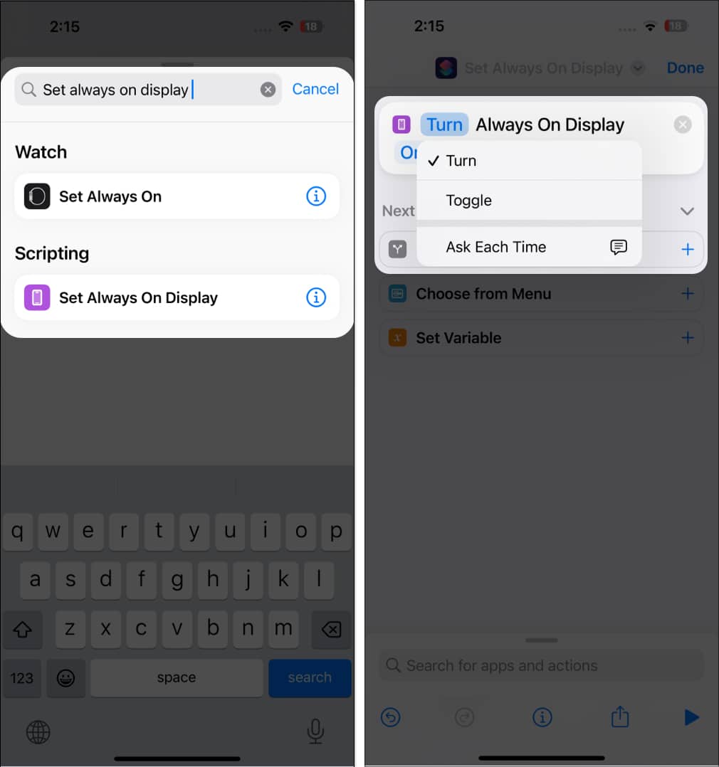 Set up control of Always-On display in Shortcuts app