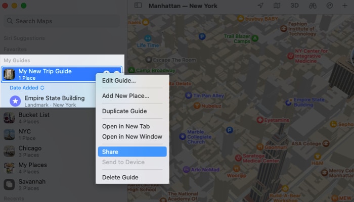 Ossza meg a Saját útmutatót az Apple Maps alkalmazásban Macen