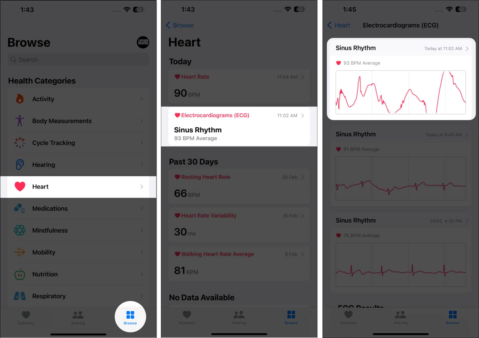 Érintse meg a Diagram opciót az EKG eredmény megtekintéséhez iPhone készüléken