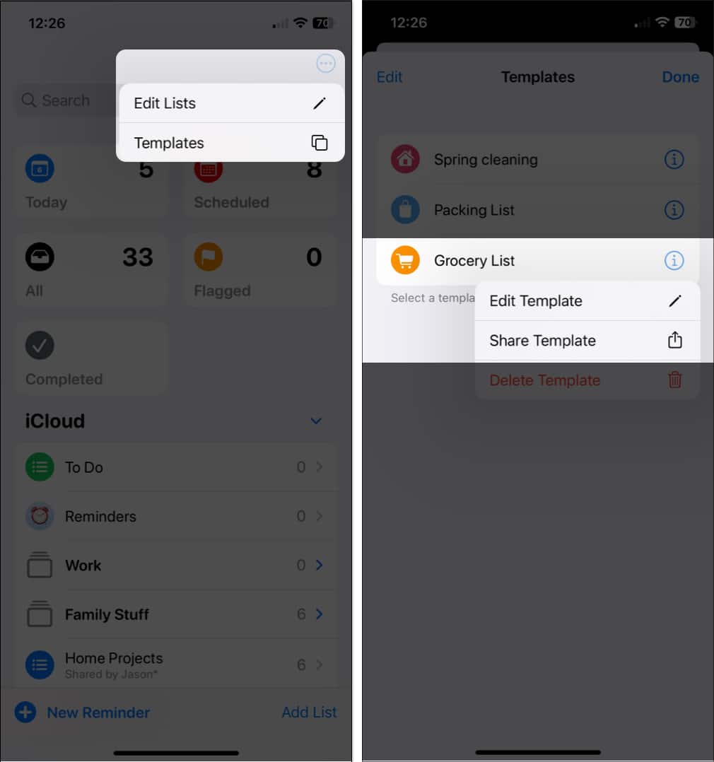 Tap Edit Lists, Edit Templete in Reminders app on iPhone