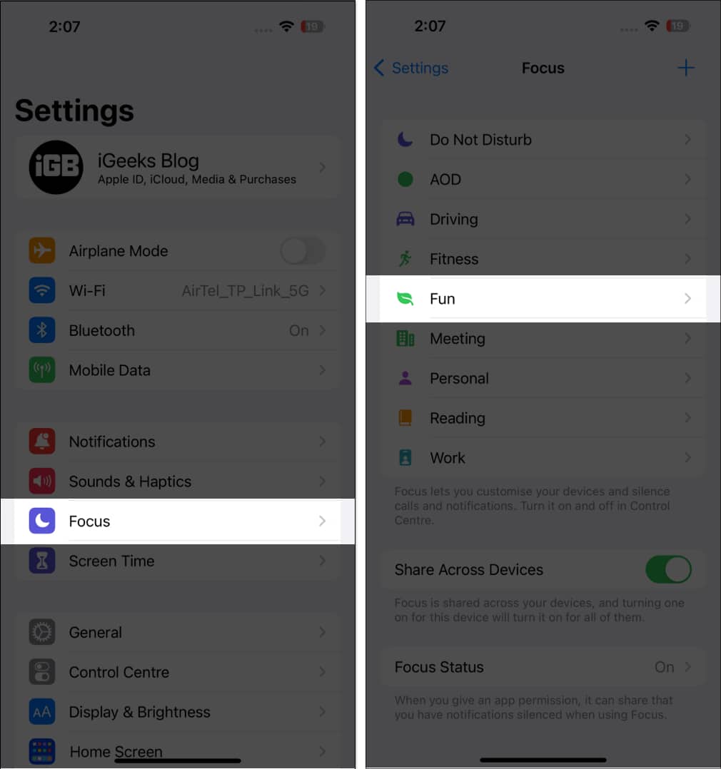 Ketik Fokus dan Pilih Fokus sedia ada pada iPhone