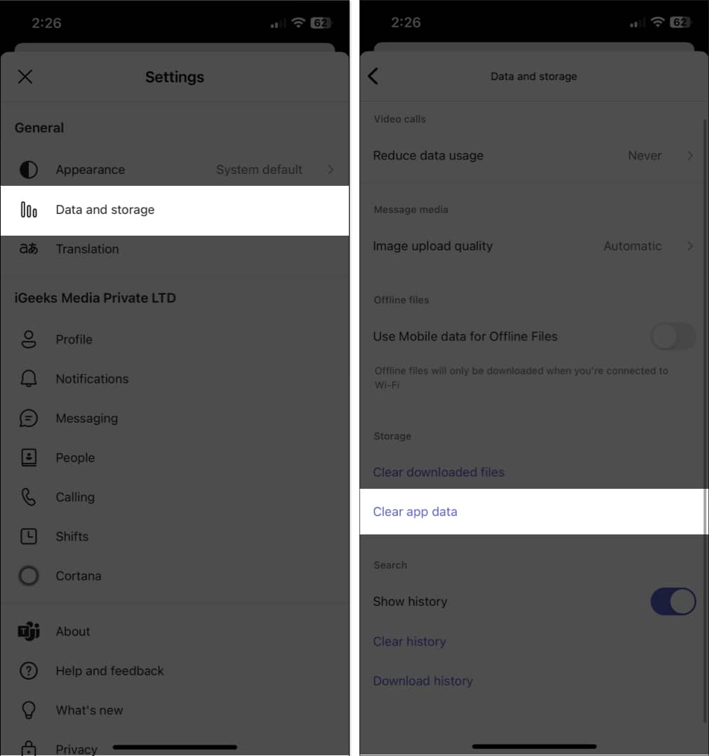 Ketik pada Data dan storan, kosongkan data apl dalam apl Pasukan