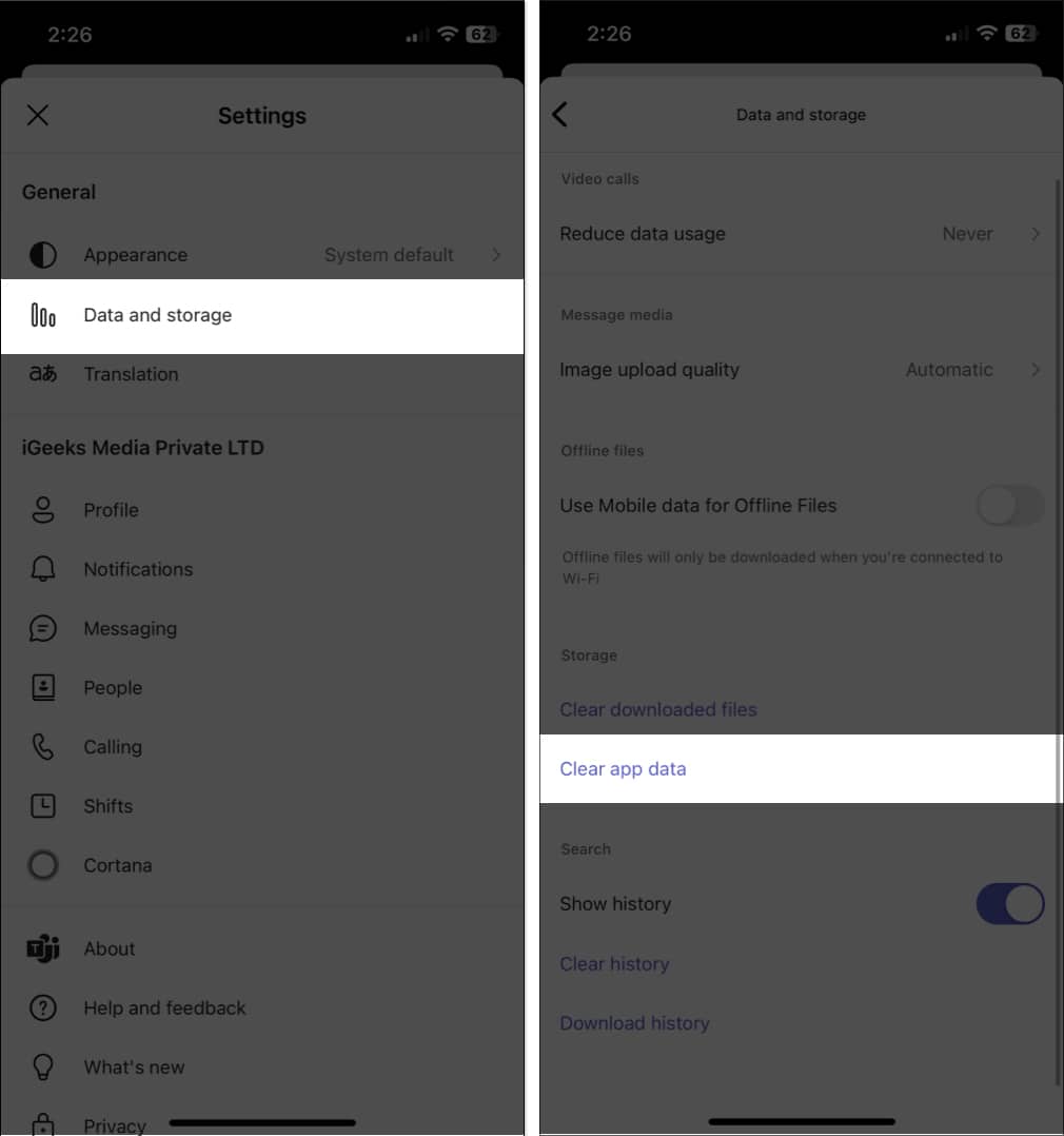 Tap on Data and storage, clear app data in Teams app