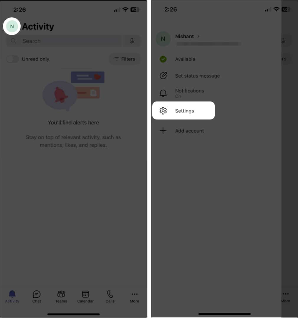 Tap on Profile, Settings in Teams iOS app