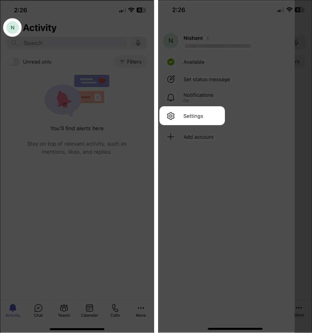 Ketik pada Profil, Tetapan dalam apl iOS Pasukan
