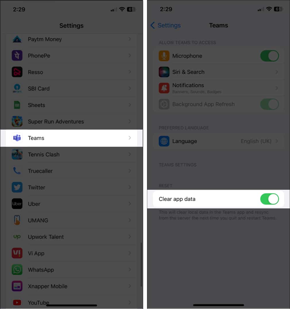 Ketik pada Pasukan dan Hidupkan padam data apl pada iPhone