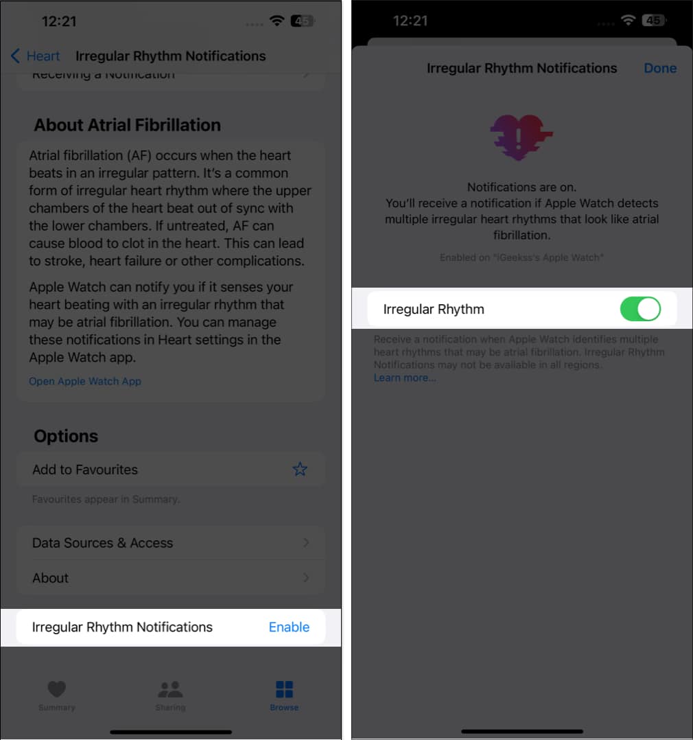 Toggle on Irregular Rhythm in Health app on iPhone