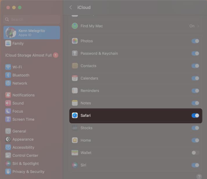 Turn ON Safari in iCloud on Mac