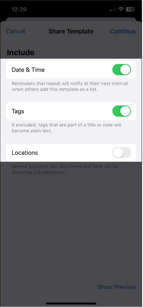 Turn on Switch next to Date and Time, Tags, Location in Reminders app on iPhone
