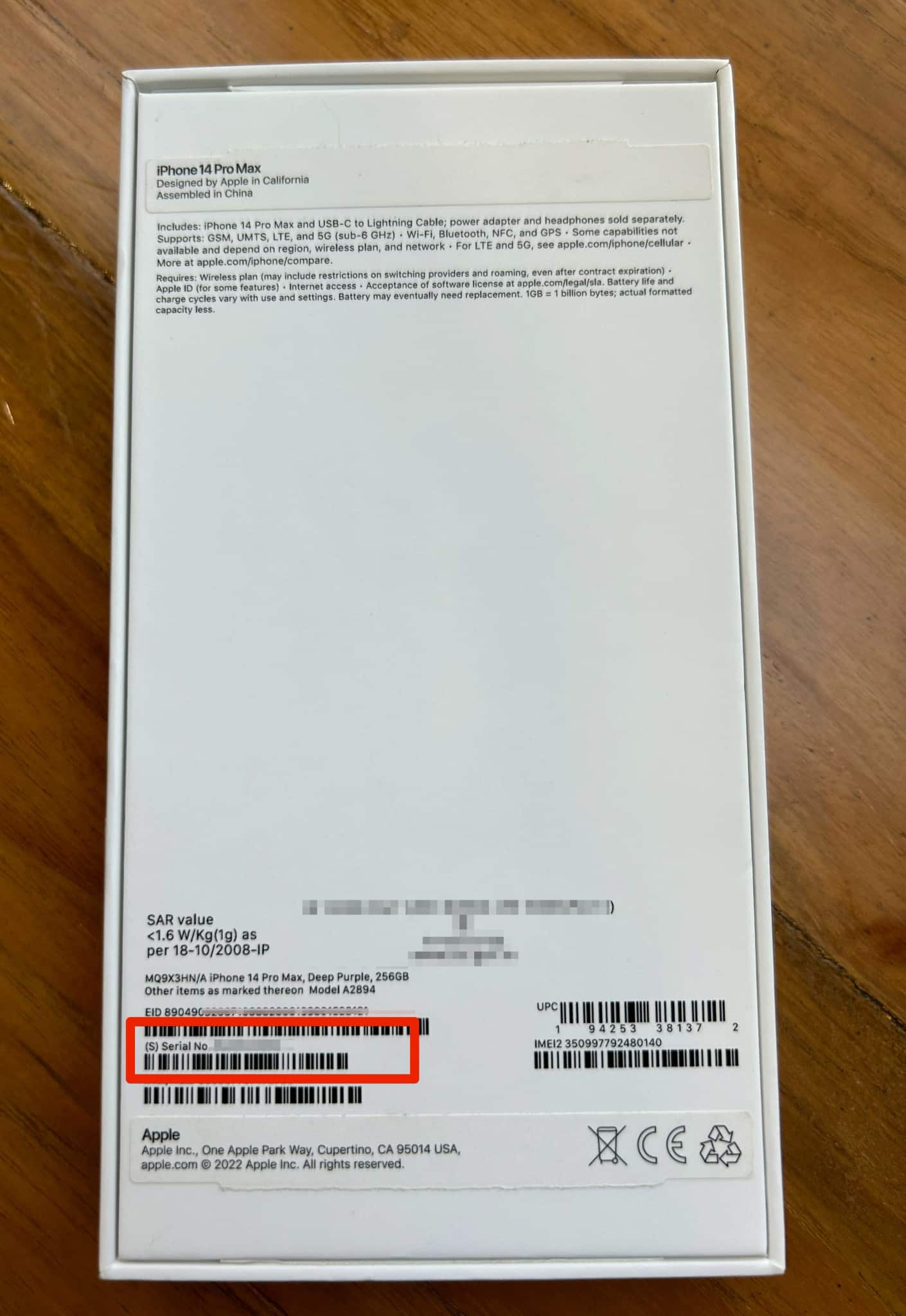 View serial number on iPhone buying box