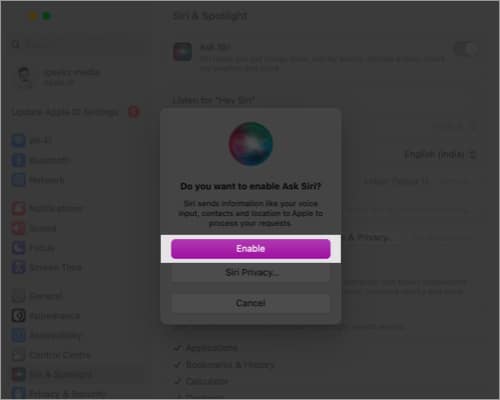 kattintson a Siri beállítások elemre, kapcsolja be az Ask Siri lehetőséget