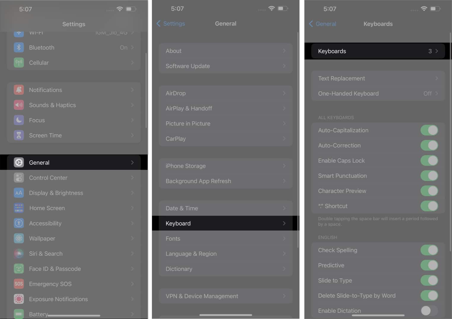 Access Shared keyboard, Keyboard, and open Keyboard in Settings