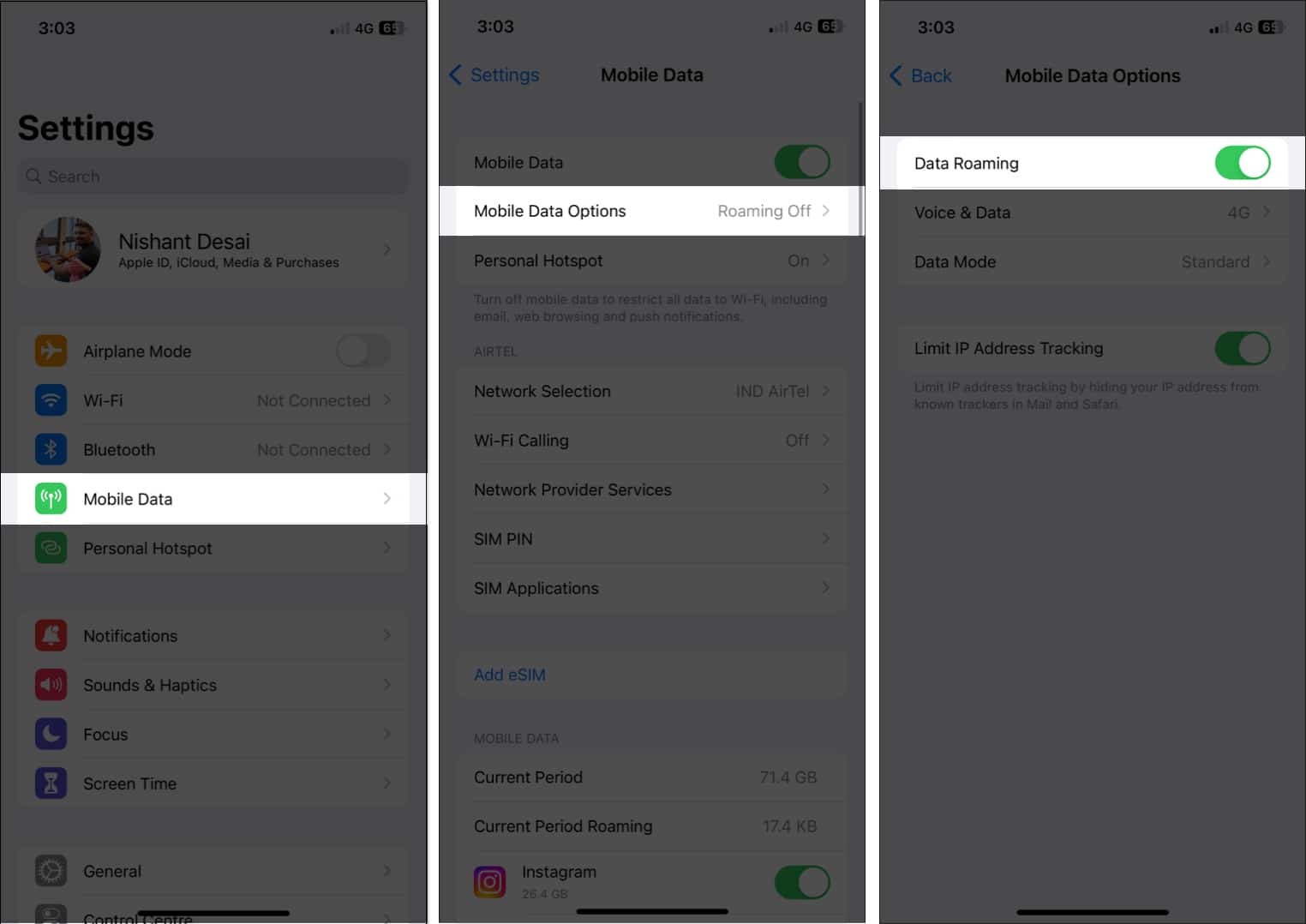 Access mobile data, mobile data option, toggle on data roaming in settings app