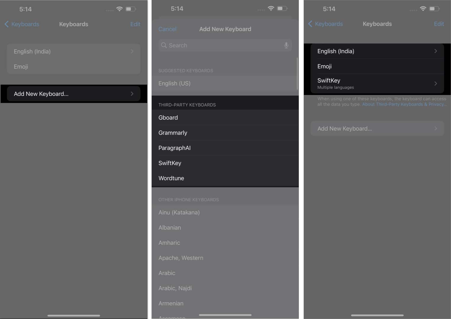 Add a new keyboard, choose the keyboard you want, and start using the keyboard in the Settings app.