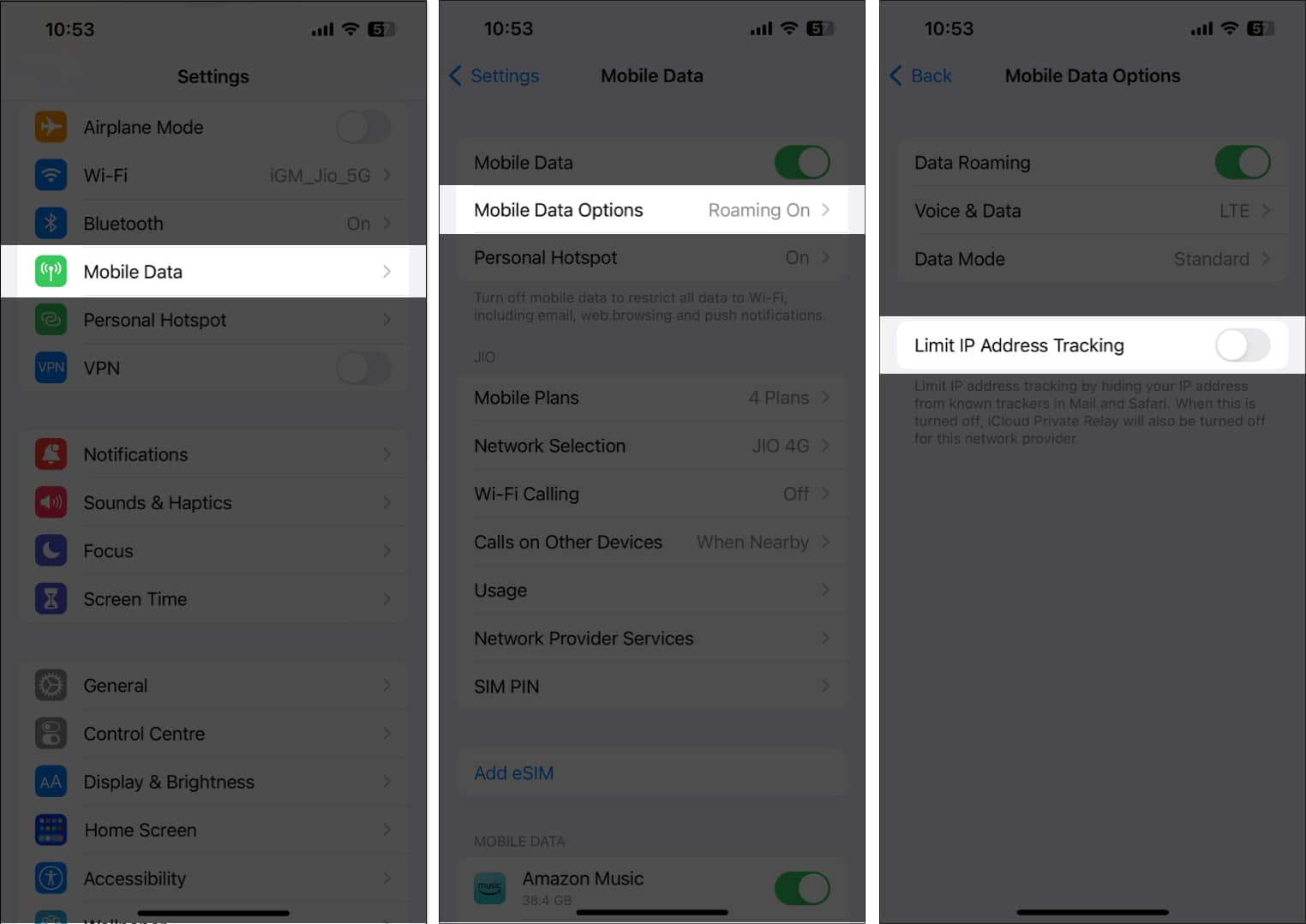 Choose Cellular Data, pick Mobile Data Options, and toggle off Limit IP Address Tracking