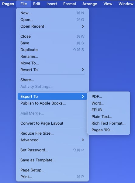 Choose Export to, Select a format in Pages