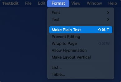 Επιλέξτε Make Plain Text από το TextEdit σε Mac