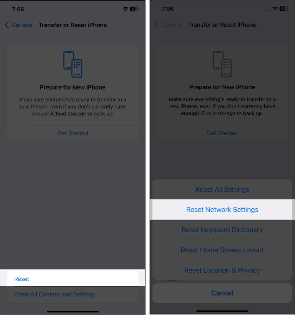 Choose reset and select reset network settings