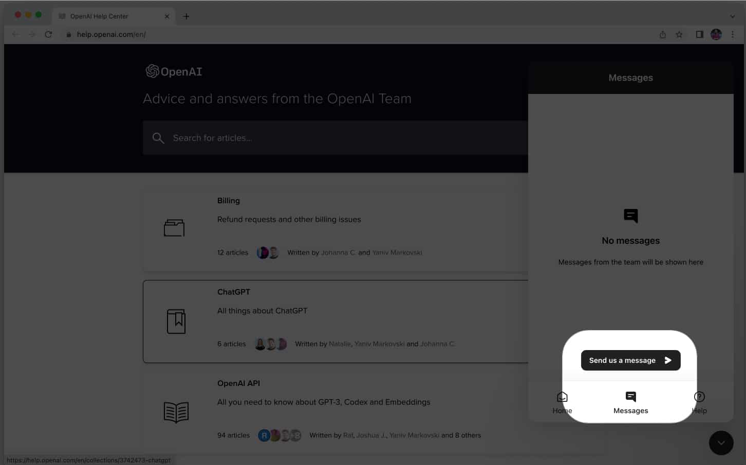 Choose the Send us a message in OpenAI Help web page
