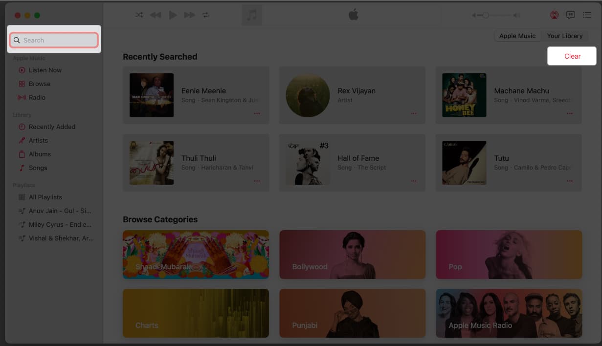 Vymažte historii vyhledávání Apple Music na Macu