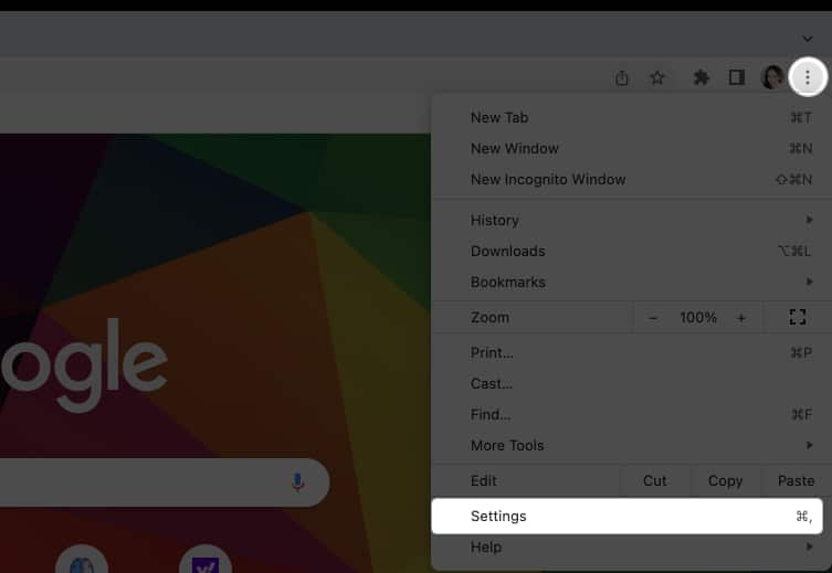 Klik Chrome pada bar menu, Pilih Tetapan