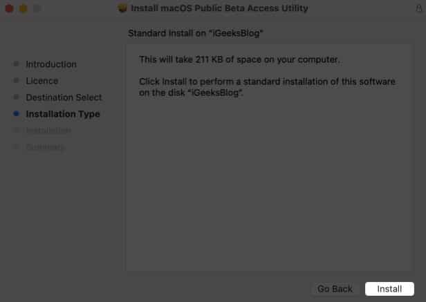 Click Install to download macOS Monterey public beta 2 profile