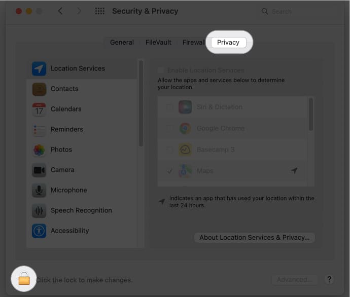 Click Privacy and Lock icon in macOS Monterey