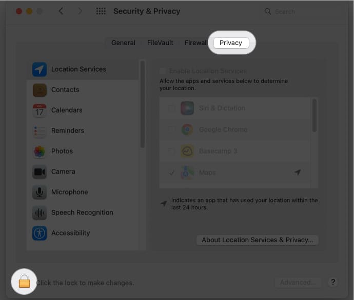 Klikněte na ikonu Privacy and Lock v macOS Monterey