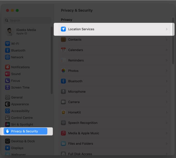 Click on Privacy and Security and Location Services in macOS Ventura