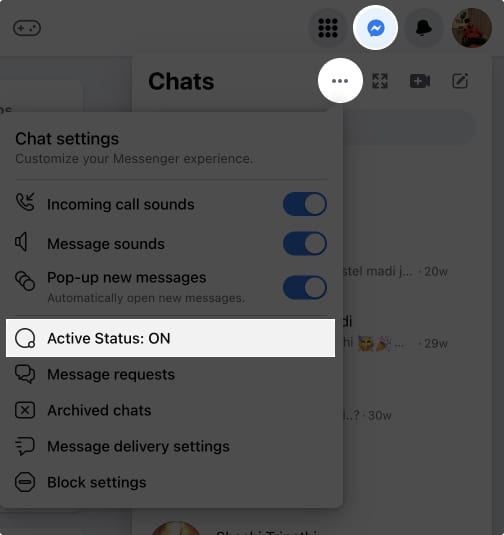 Kattintson az Aktív állapot lehetőségre a Messengerben a Webről