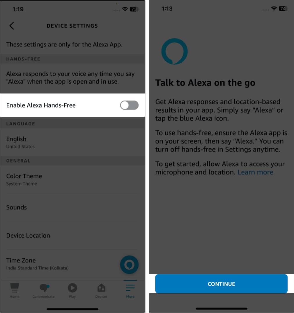 Engedélyezze az Alexa kihangosítást, és koppintson a Folytatás gombra az alexa alkalmazásban