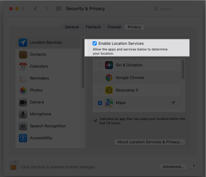 Enable Location Services in macOS Monterey