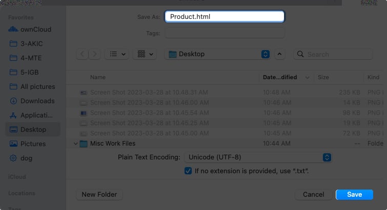 Enter the name for the file followed by the HTML extension on Mac