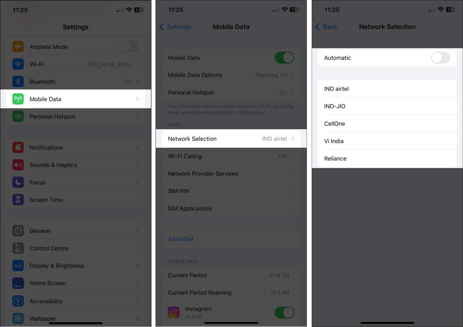 Go to Settings, choose Cellular Data, tap Network Selection, and toggle off Automatic