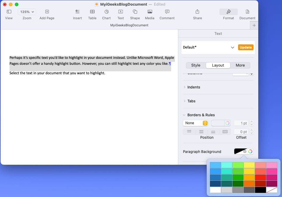 Highlight paragraph in Pages