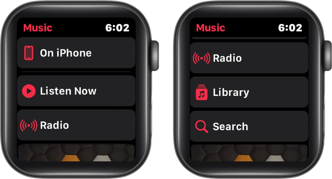 A Zene alkalmazás menüje az Apple Watchon