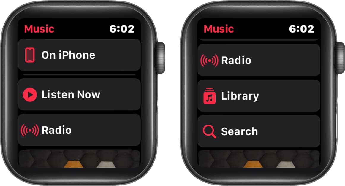 Menu apl muzik pada Apple Watch