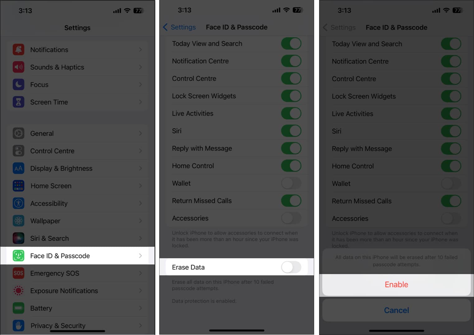 Turning on the Erase Data feature on an iPhone